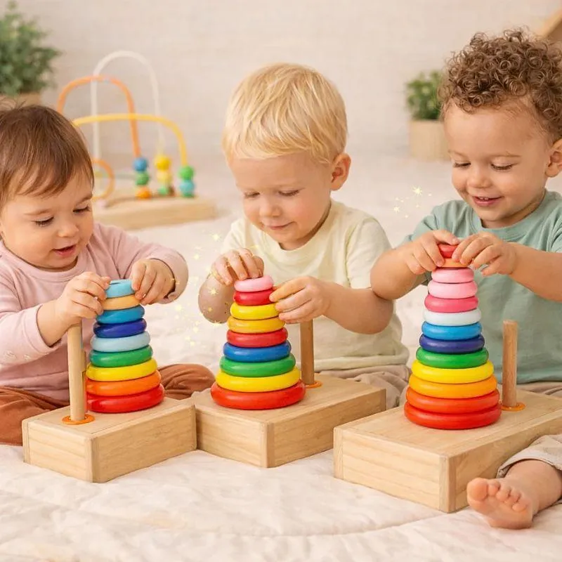 Anneaux Montessori sur Tige en Bois | Tour de Hanoï – Logique & Motricité