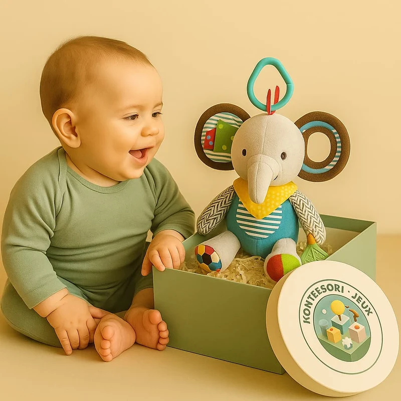 Jouet Montessori Bébé | Peluche Sensorielle Éléphant – Éveil Doux dès la Naissance