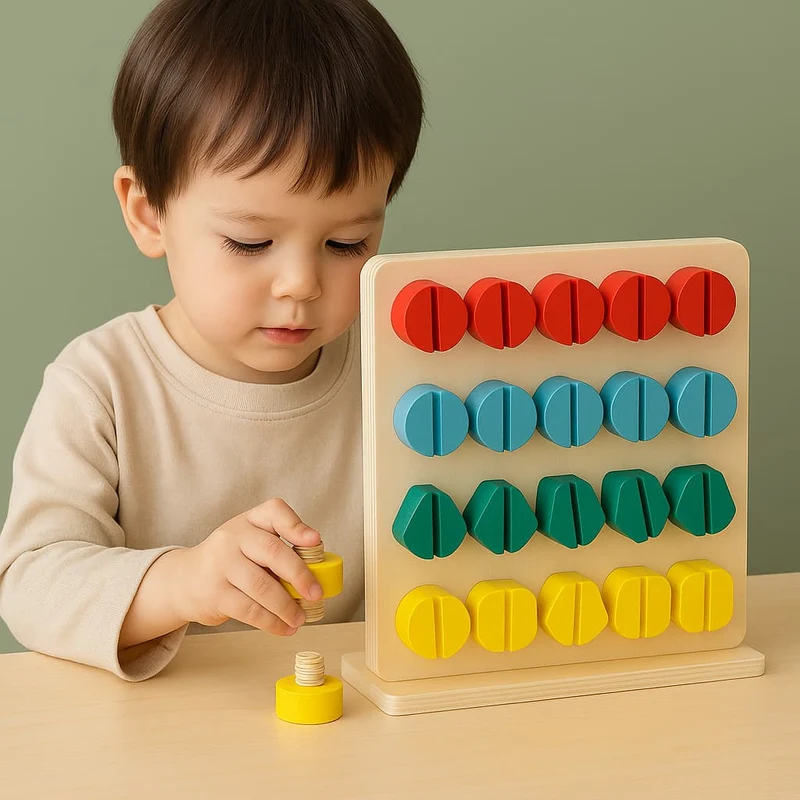 Planche Montessori | Boulons en Bois – Motricité Fine & Logique