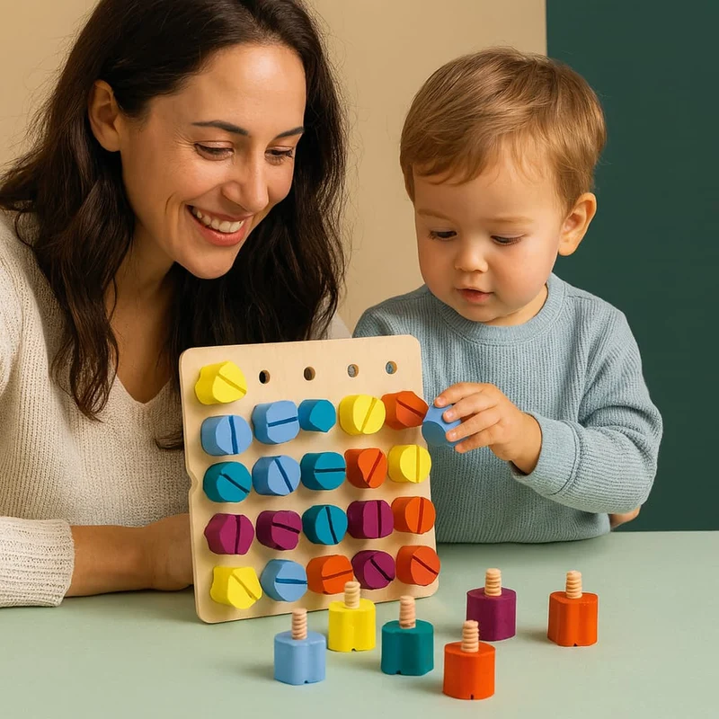 Planche Montessori | Boulons en Bois – Motricité Fine & Logique