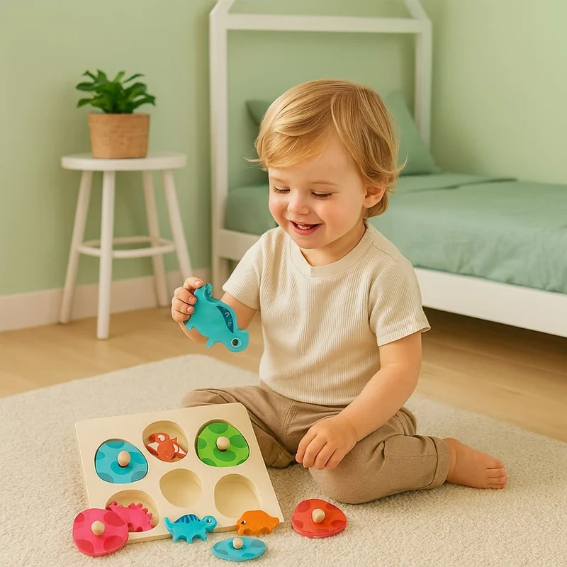 Jeux Montessori 2 ans | Petit Dinosaure en Bois – Puzzle Multicouche & Motricité