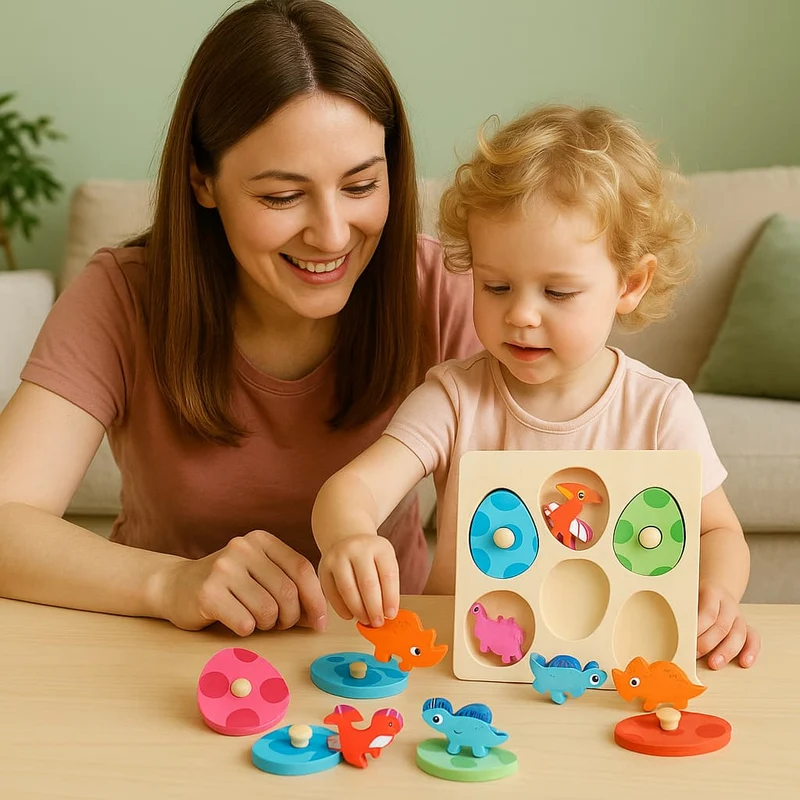 Jeux Montessori 2 ans | Petit Dinosaure en Bois – Puzzle Multicouche & Motricité