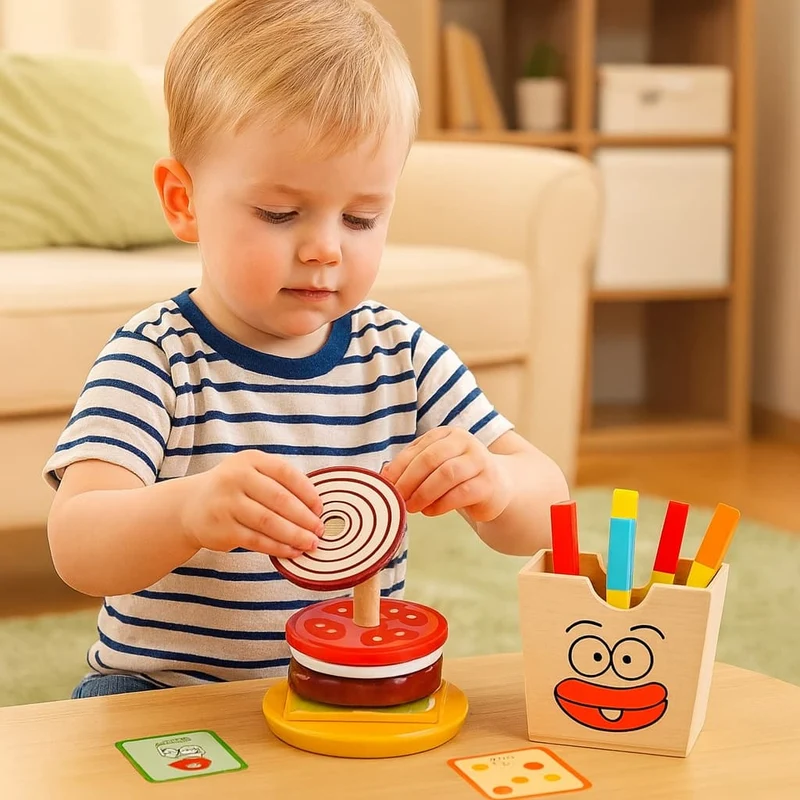 Jeux d’Éveil Montessori | Hamburger & Frites en Bois – Cuisine, Logique & Motricité n