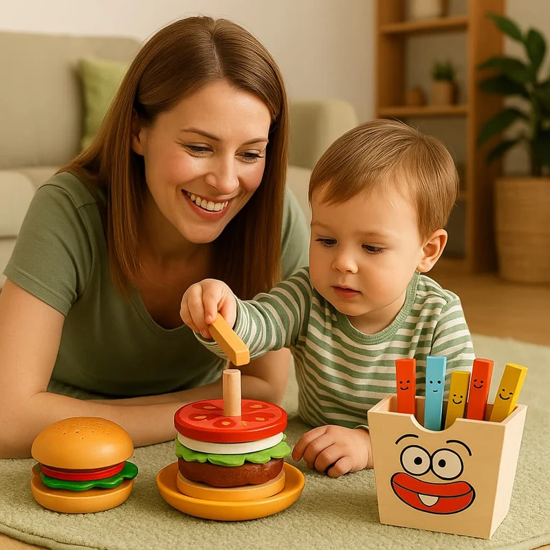 Jeux d’Éveil Montessori | Hamburger & Frites en Bois – Cuisine, Logique & Motricité n
