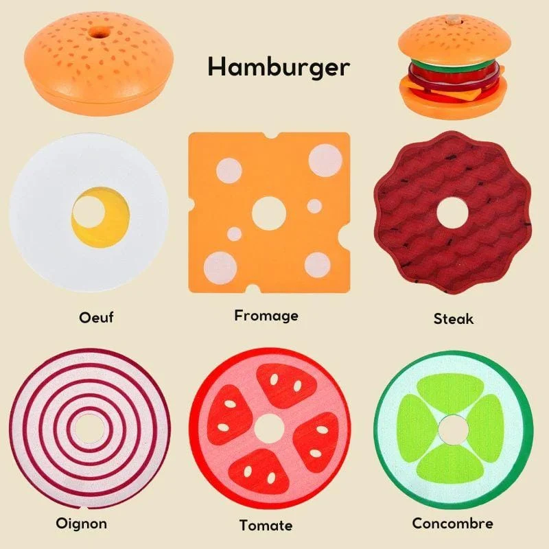 Jeux d’Éveil Montessori | Hamburger & Frites en Bois – Cuisine, Logique & Motricité n