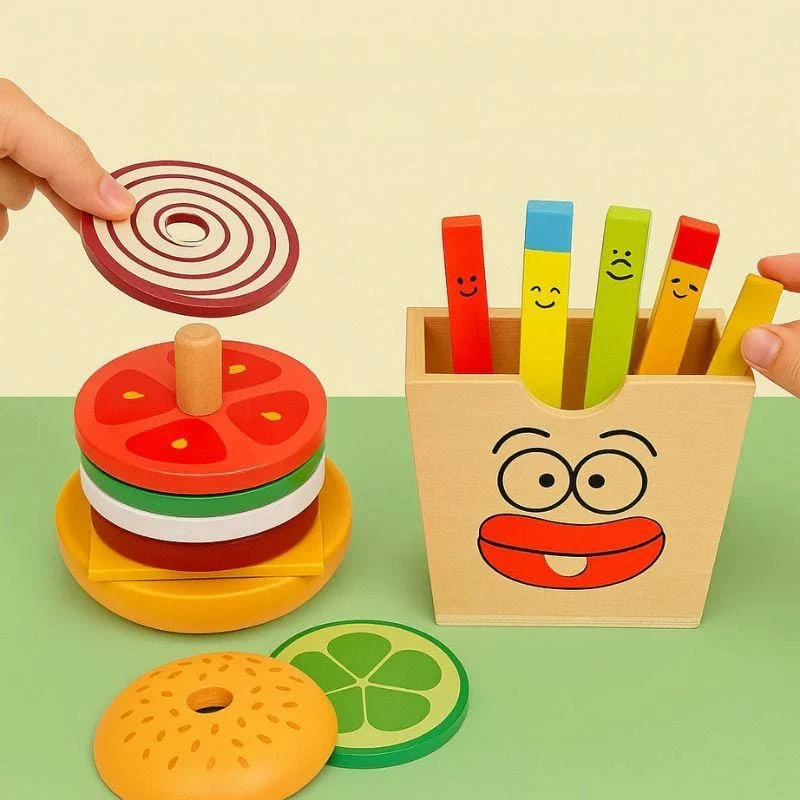 Jeux d’Éveil Montessori | Hamburger & Frites en Bois – Cuisine, Logique & Motricité n
