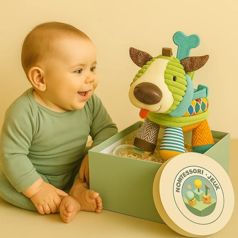 Jouet Montessori Bébé | Peluche Sensorielle Chien – Éveil & Motricité dès la Naissance