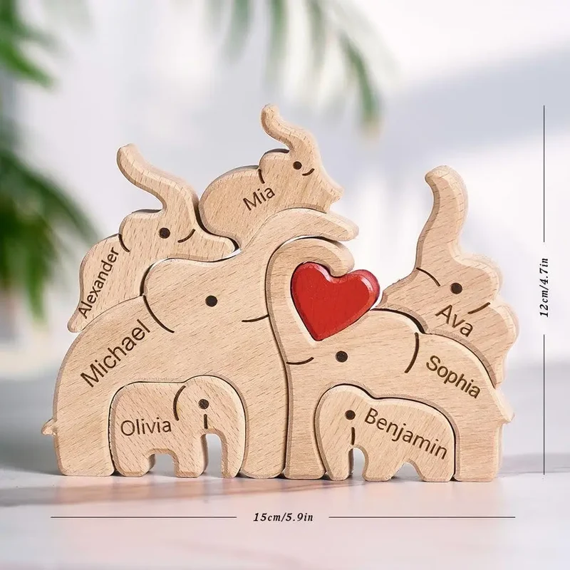 Puzzle Famille Éléphants en Bois Personnalisé – Cadeau Famille Gravure Prénom | Décoration Maison