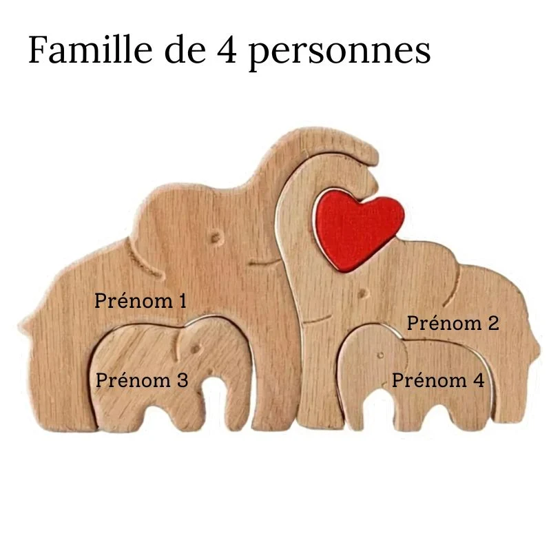 Puzzle Famille Éléphants en Bois Personnalisé – Cadeau Famille Gravure Prénom | Décoration Maison