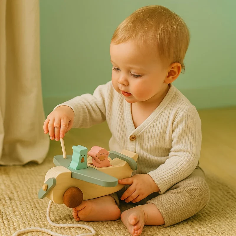 Jeu Montessori 1 an | Avion Blue Pig – Jouet d’éveil en bois pour petit explorateur