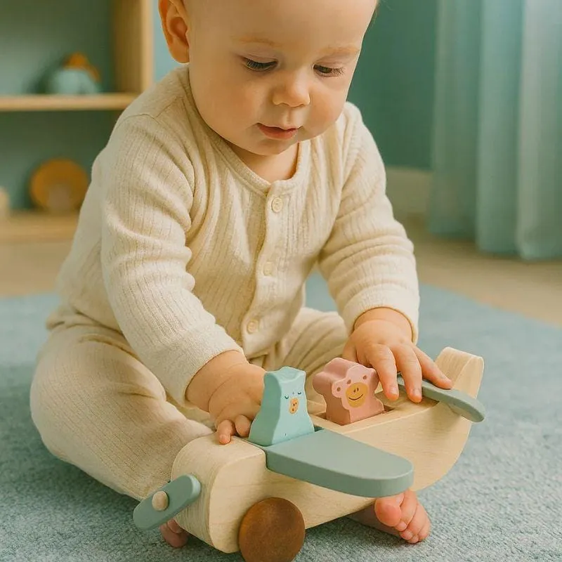 Jeu Montessori 1 an | Avion Blue Pig – Jouet d’éveil en bois pour petit explorateur
