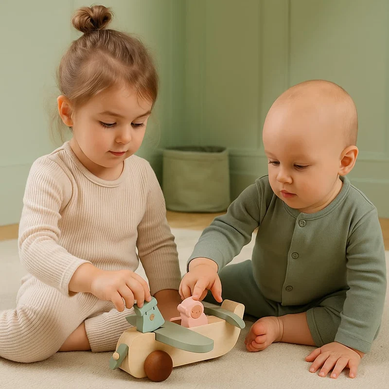 Jeu Montessori 1 an | Avion Blue Pig – Jouet d’éveil en bois pour petit explorateur