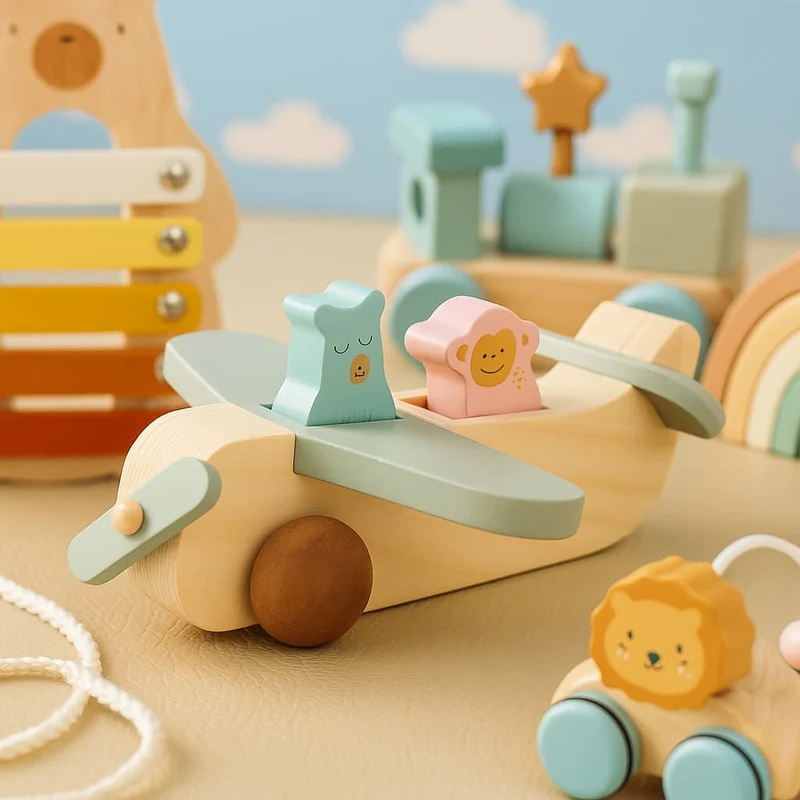 Jeu Montessori 1 an | Avion Blue Pig – Jouet d’éveil en bois pour petit explorateur