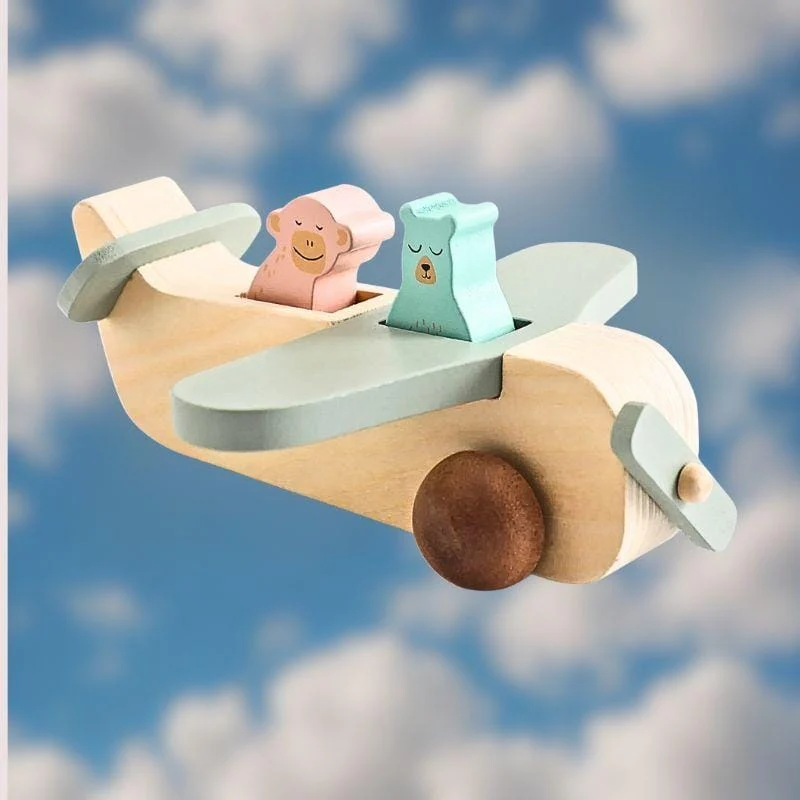 Jeu Montessori 1 an | Avion Blue Pig – Jouet d’éveil en bois pour petit explorateur