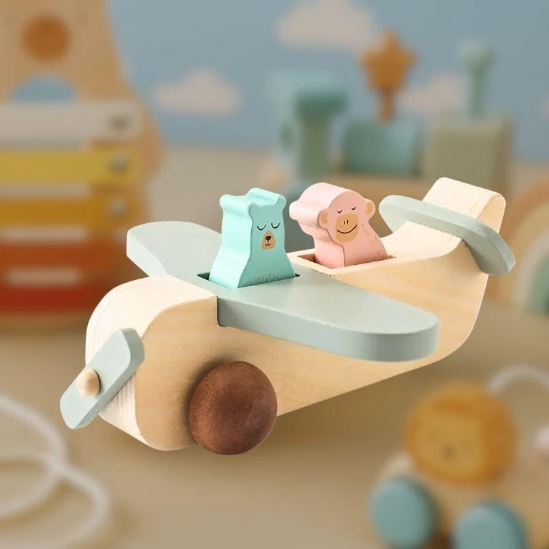Jeu Montessori 1 an | Avion Blue Pig – Jouet d’éveil en bois pour petit explorateur