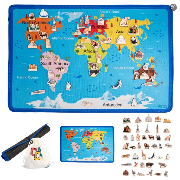 Adena Montessori Seven-Continent Map Carpet with Wooden Animal & Landmark Models