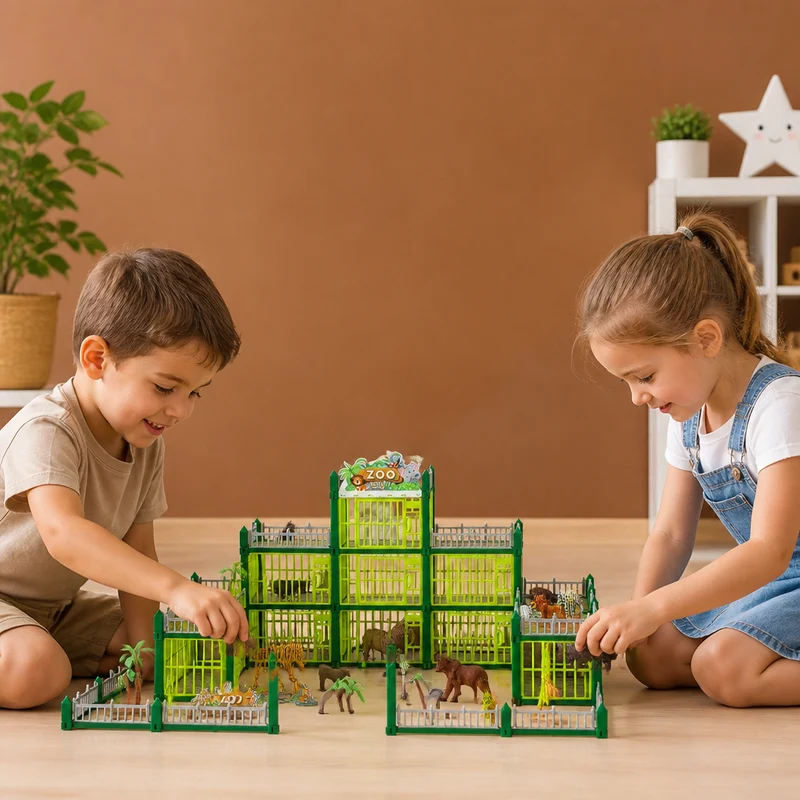 Modular Zoo Playset with Animal Figures and Buildable Enclosures