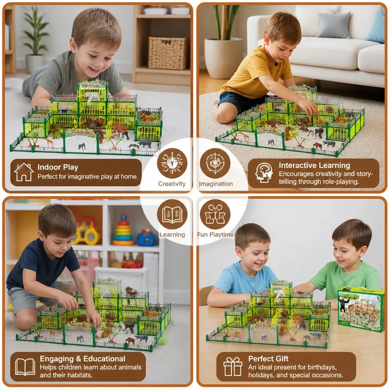 Modular Zoo Playset with Animal Figures and Buildable Enclosures