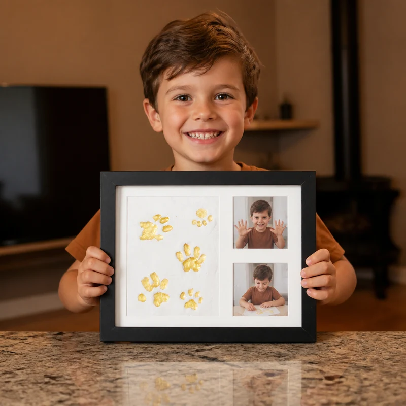Cadre souvenir pour empreinte de main d’enfant et deux photos