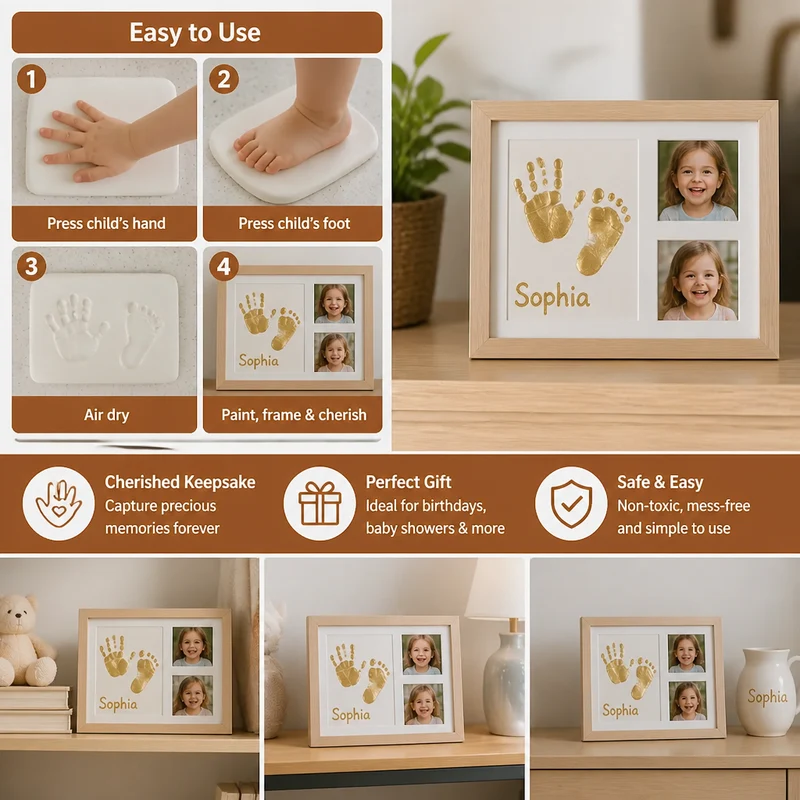 Cadre souvenir pour empreinte de main d’enfant et deux photos
