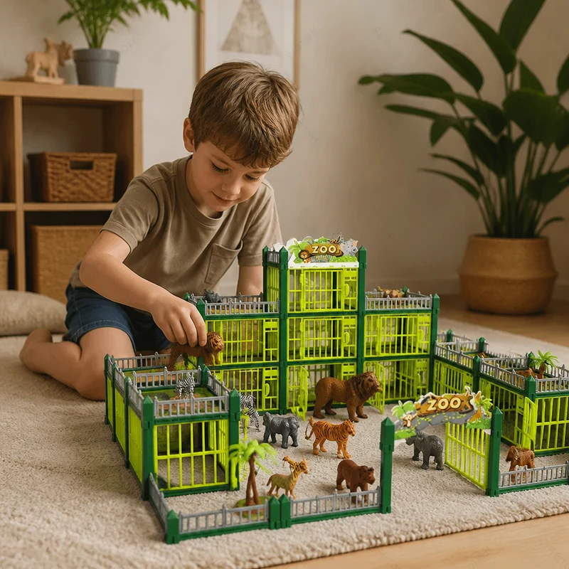 Modular Zoo Playset with Animal Figures and Buildable Enclosures