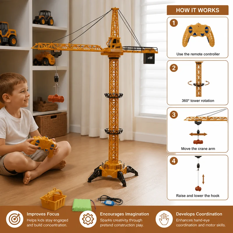 Remote-Control Tower Crane with 360° Rotation and Lift