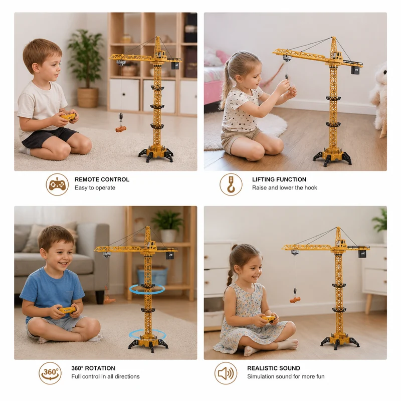 Remote-Control Tower Crane with 360° Rotation and Lift