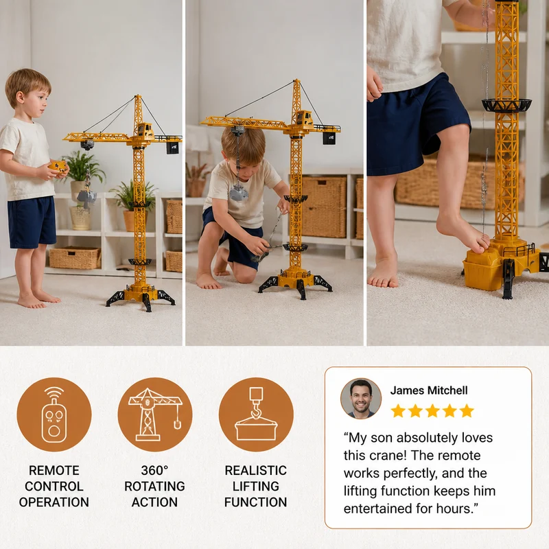 Remote-Control Tower Crane with 360° Rotation and Lift