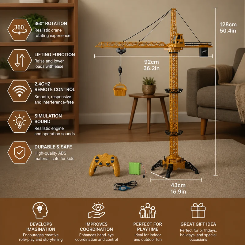 Remote-Control Tower Crane with 360° Rotation and Lift