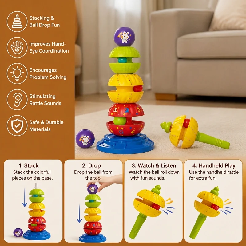 2-in-1 Spinning Stacking and Ball-Drop Tower with Rattle
