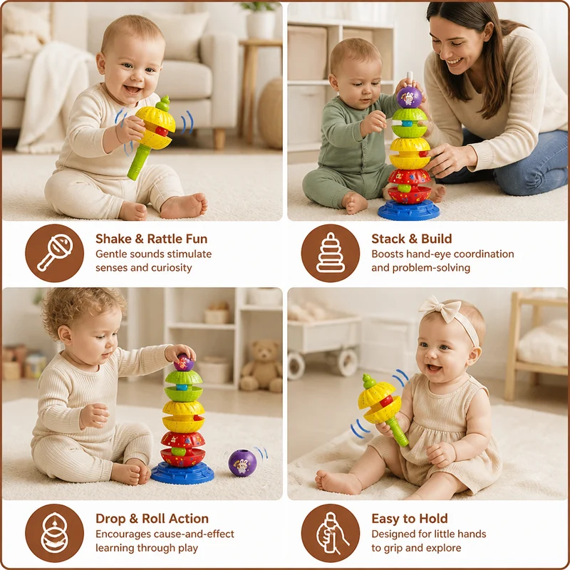 2-in-1 Spinning Stacking and Ball-Drop Tower with Rattle