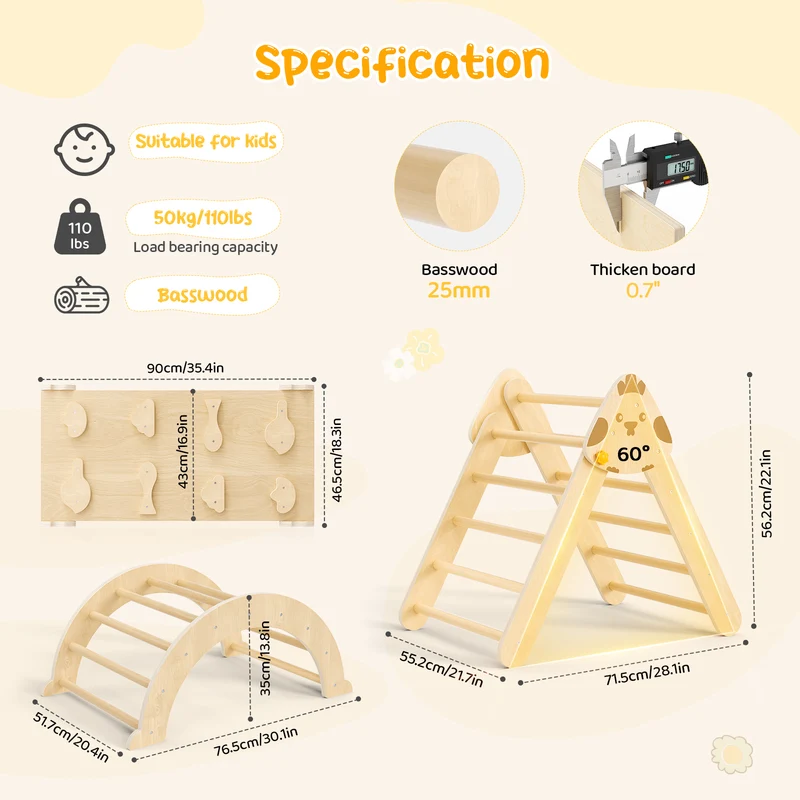Kit d’escalade 7-en-1 en bois avec triangle, arche et rampe
