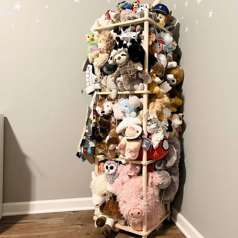 Rangement vertical en pin pour peluches avec cordons élastiques