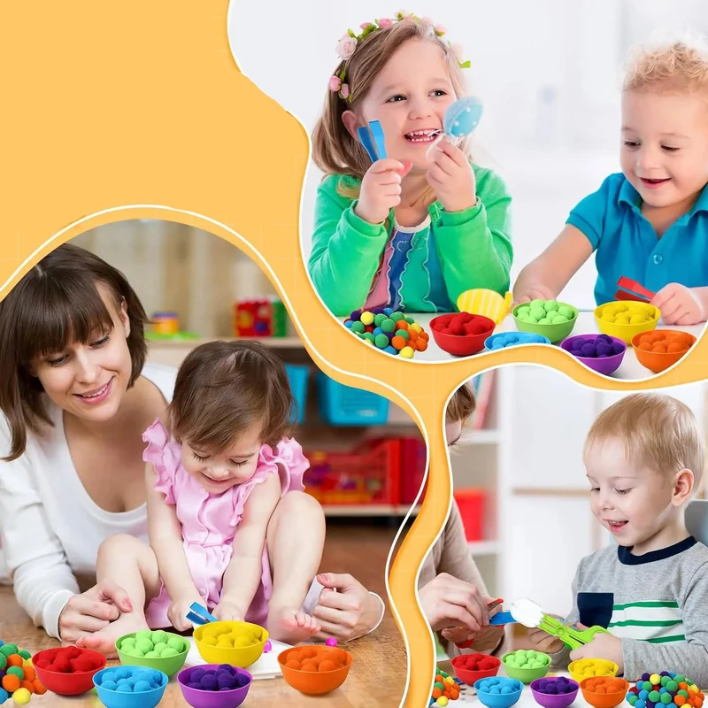 RainbowPlay™ - Jouet Montessori en Pompoms Arc-en-Ciel | Apprentissage Ludique et Sensoriel