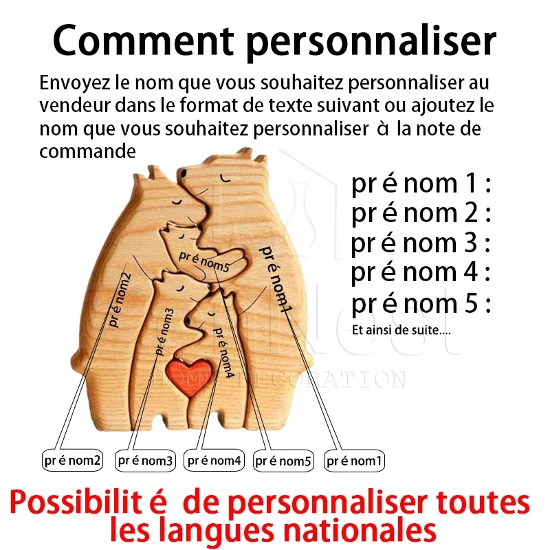 Puzzle Personnalisé Famille Ours - Cadeau Unique et Éducatif en Bois