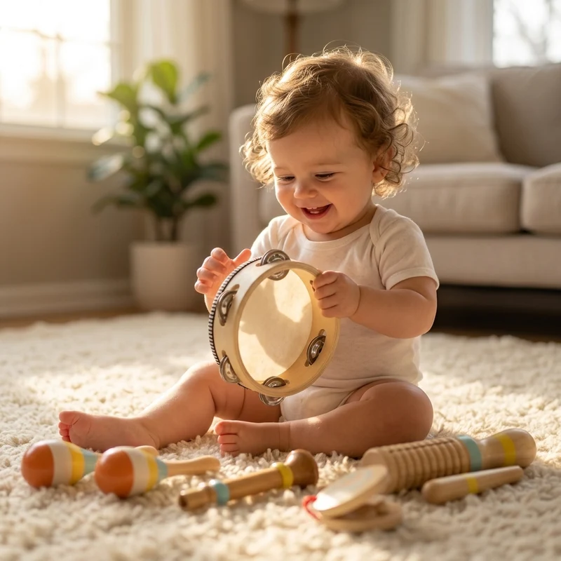 Set de 5 Instruments en Bois Montessori - Tambourin, Maracas, et Claquette pour Bébé 0-3 Ans