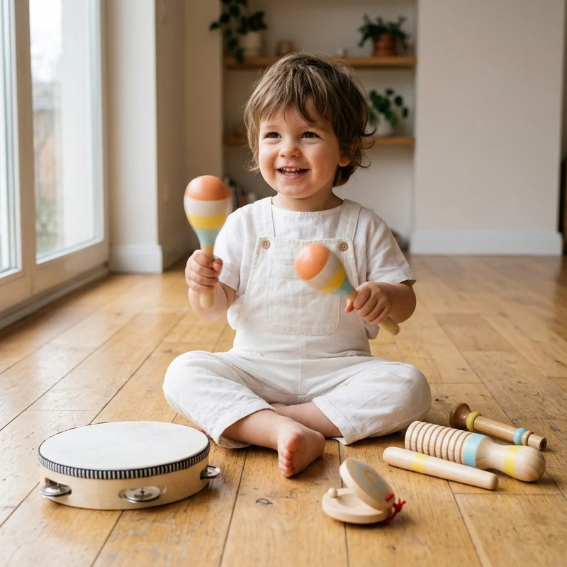 Set de 5 Instruments en Bois Montessori - Tambourin, Maracas, et Claquette pour Bébé 0-3 Ans