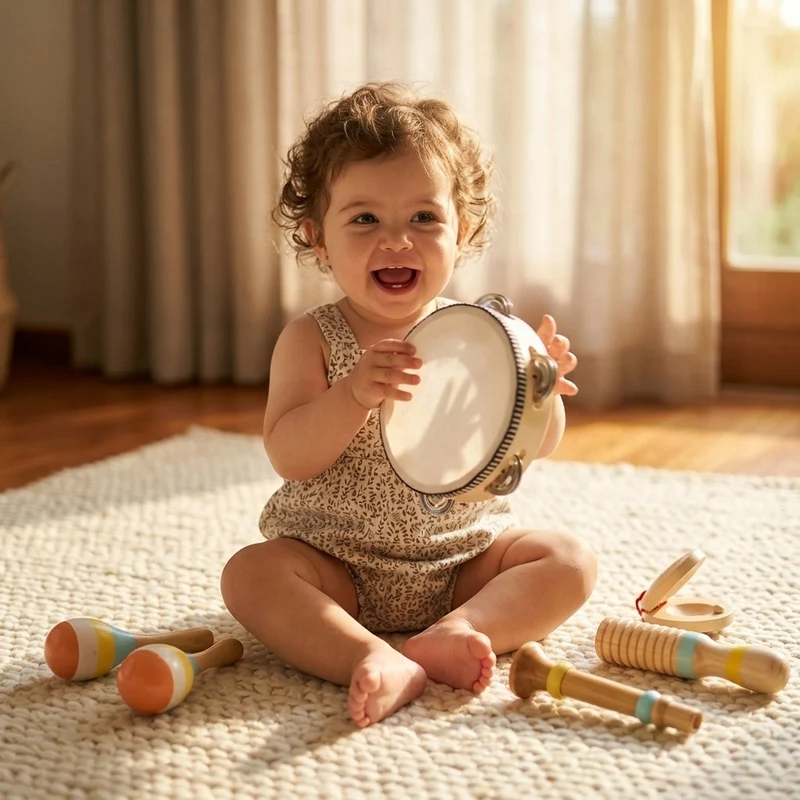 Set de 5 Instruments en Bois Montessori - Tambourin, Maracas, et Claquette pour Bébé 0-3 Ans