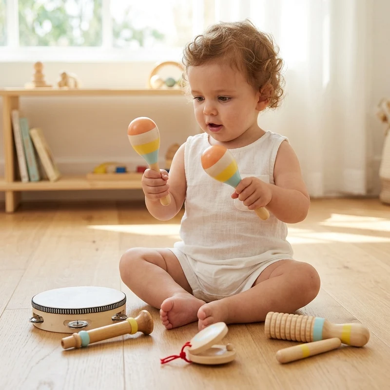 Set de 5 Instruments en Bois Montessori - Tambourin, Maracas, et Claquette pour Bébé 0-3 Ans