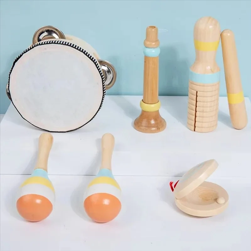 Set de 5 Instruments en Bois Montessori - Tambourin, Maracas, et Claquette pour Bébé 0-3 Ans