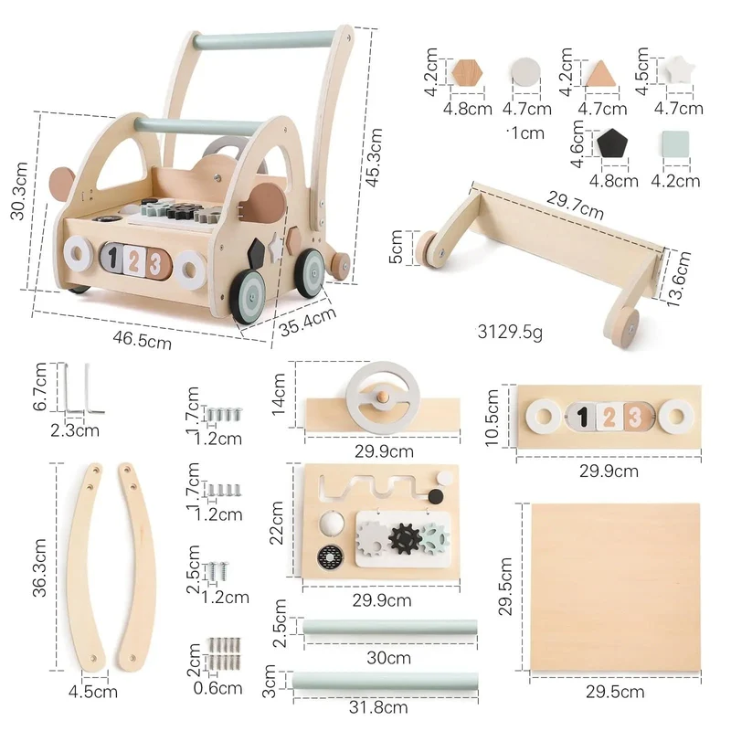 Chariot de marche multifonctionnel - Jouet en bois d'apprentissage de la marche pour bébé