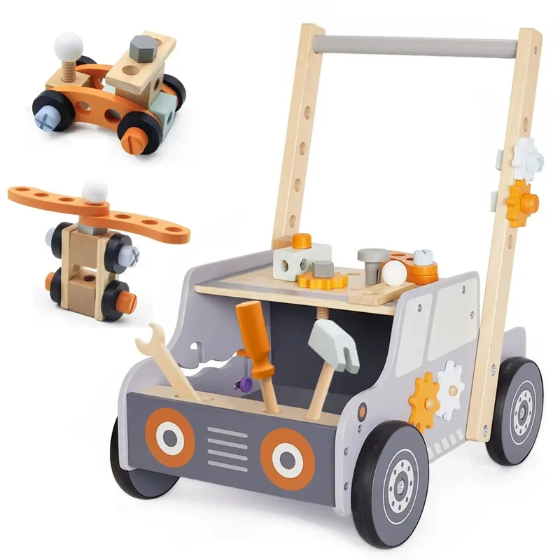 Chariot de marche multifonctionnel - Jouet en bois d'apprentissage de la marche pour bébé