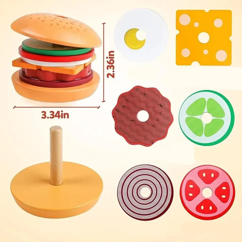 Burger en bois Montessori - Jouets d'empilement pour les tout-petits