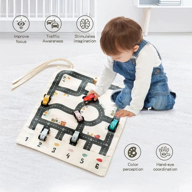 Tapis de jeu de route Montessori avec voitures en bois