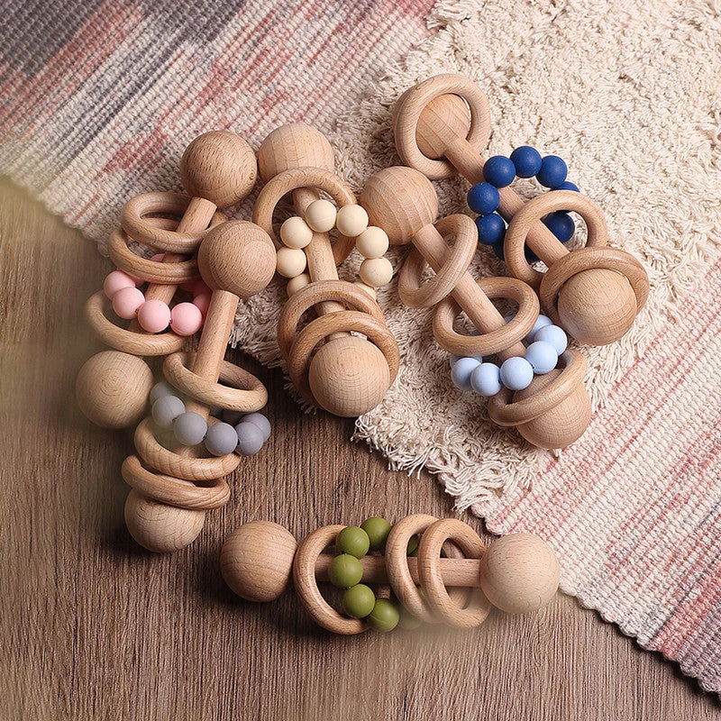 Hochet en Bois pour Bébé avec Anneaux de Dentition Montessori