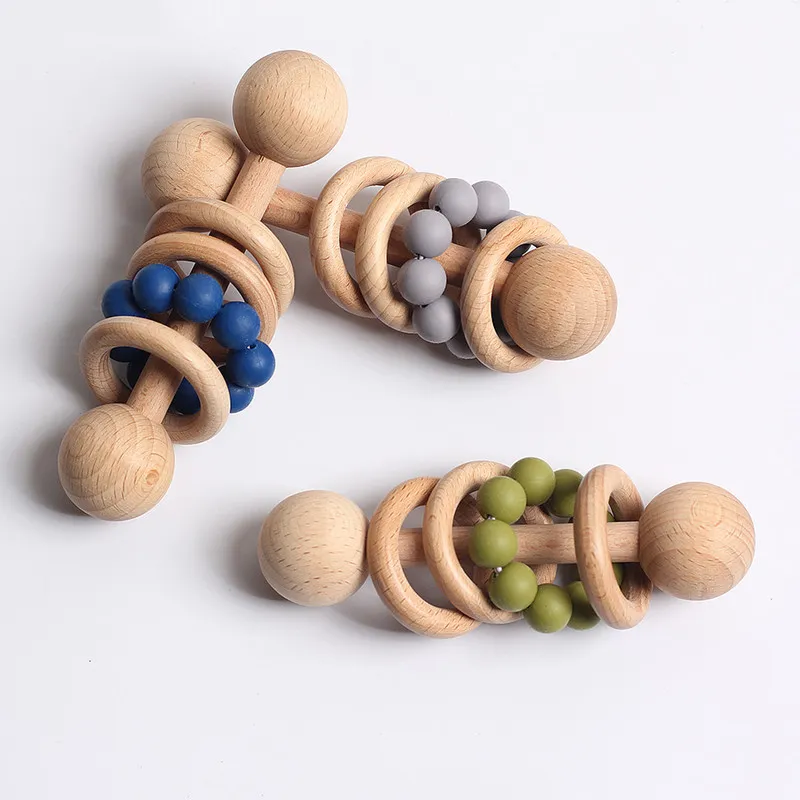 Hochet en Bois pour Bébé avec Anneaux de Dentition Montessori
