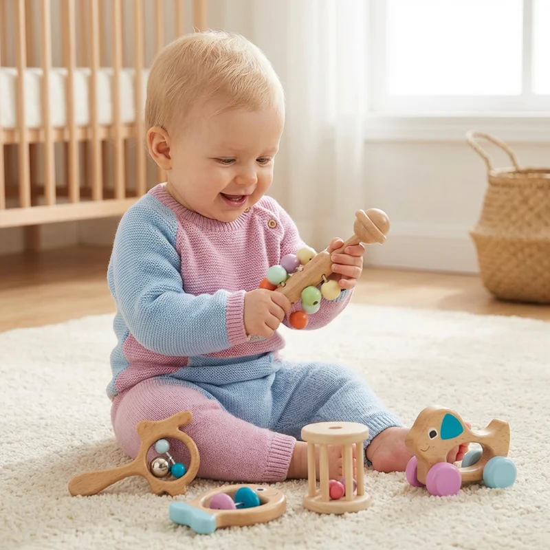 Coffret Cadeau en Bois pour Bébé avec Hochet et Jouets Musicaux