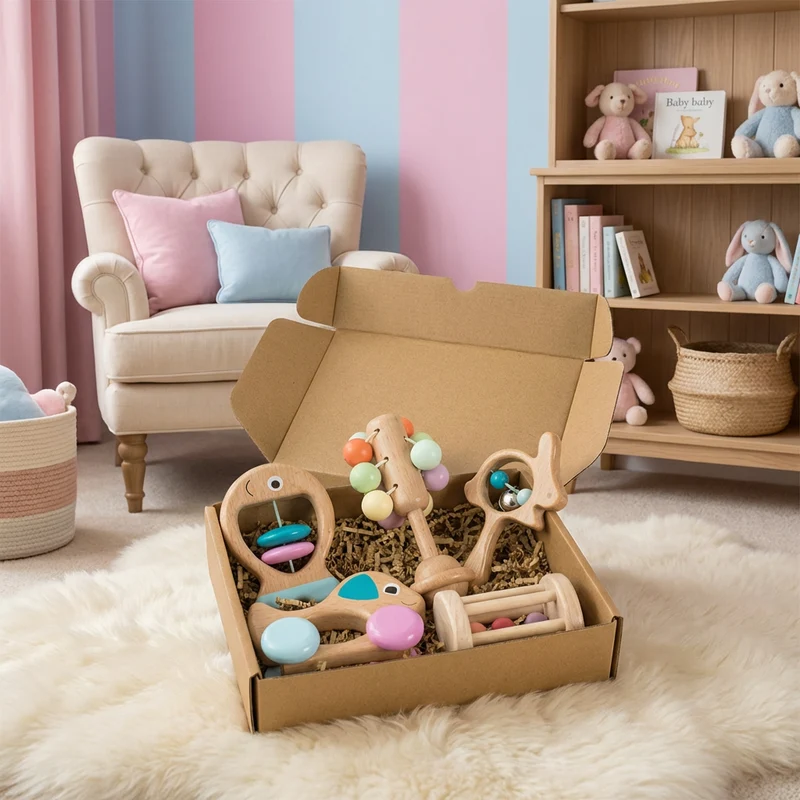 Coffret Cadeau en Bois pour Bébé avec Hochet et Jouets Musicaux
