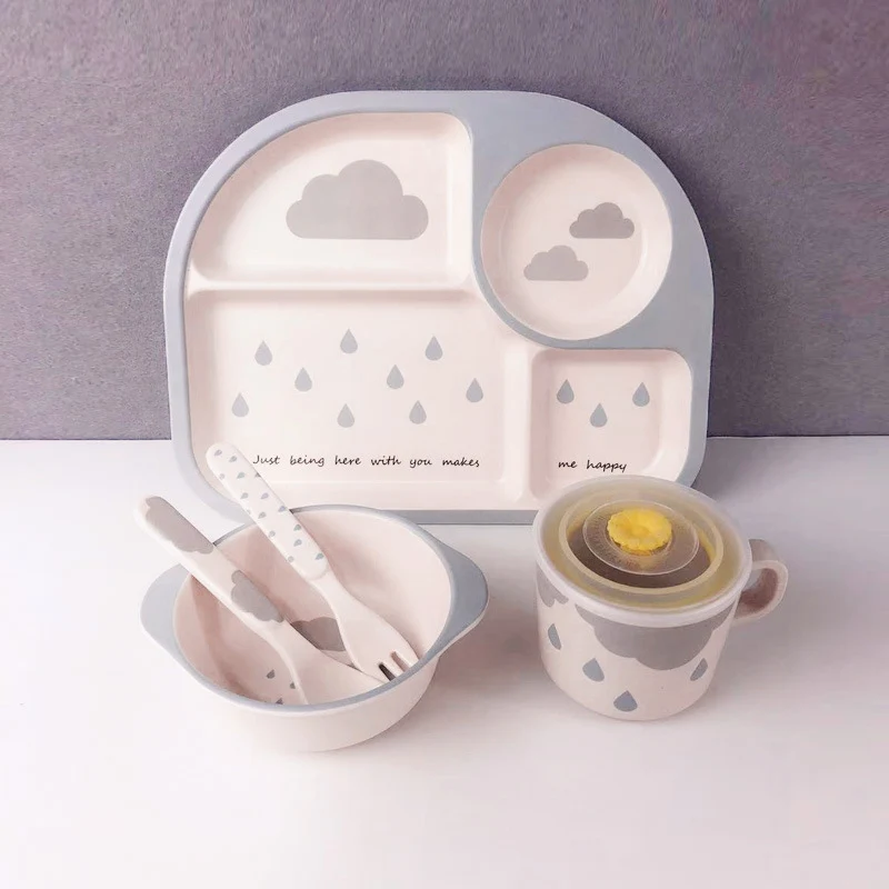 Coffret Repas Bébé Motif Nuage – Assiette, Bol, Tasse & Couverts pour Enfant
