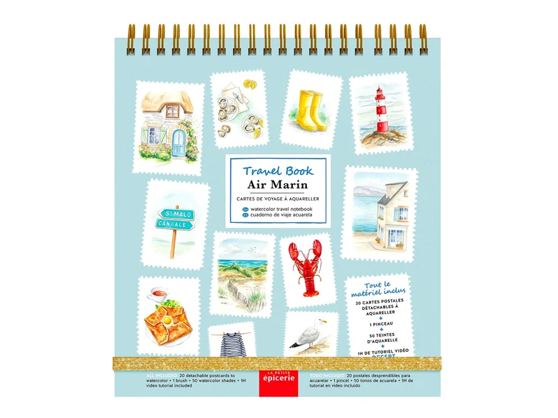 Travel Book Air Marin – Carnet Aquarelle Nomade avec 20 Cartes Postales à Peindre